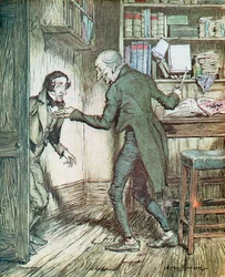 Scrooge et Bob Cratchit, tiré de « Un chant de Noël » de Dickens